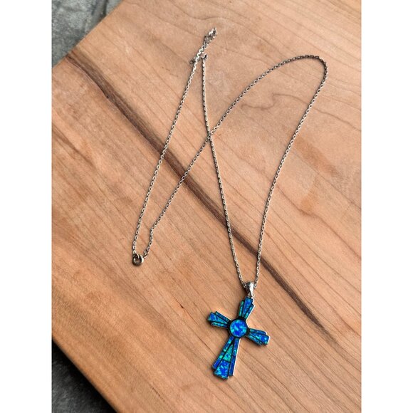 Sterling Silver Cross Pendant Necklace With Blue Opal Inlay 23" Chain For Women - Picture 8 of 8